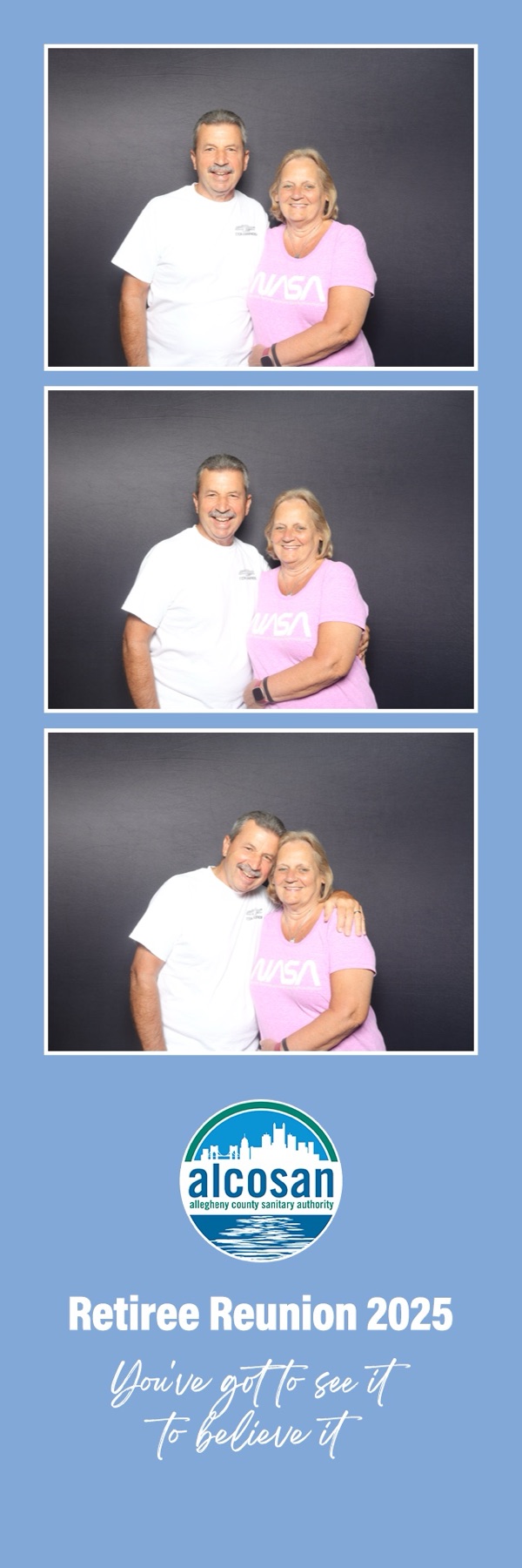A lively confessional booth strip of guests posing together