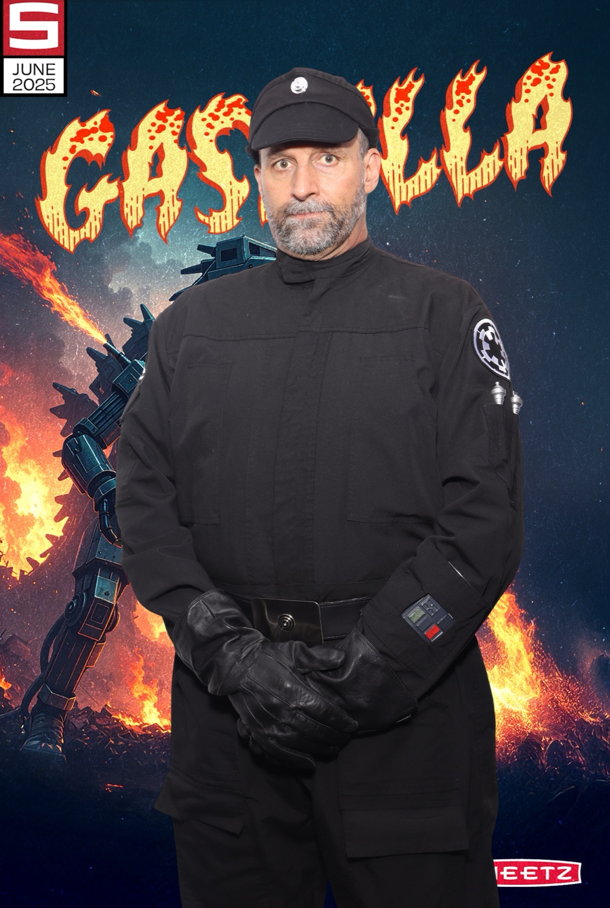 Green screen composite dropping a guest into a fiery kaiju 'Gaszilla' battle backdrop