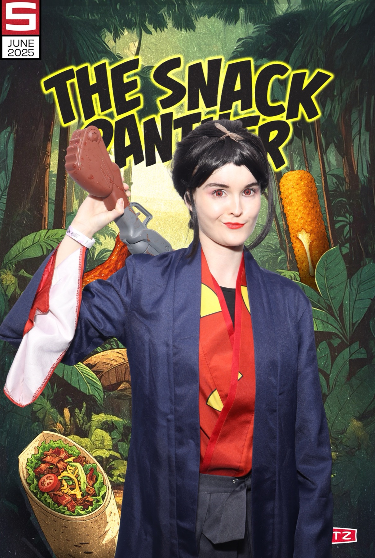 Background-swap composite of a guest posing in a jungle 'Snack Panther' scene