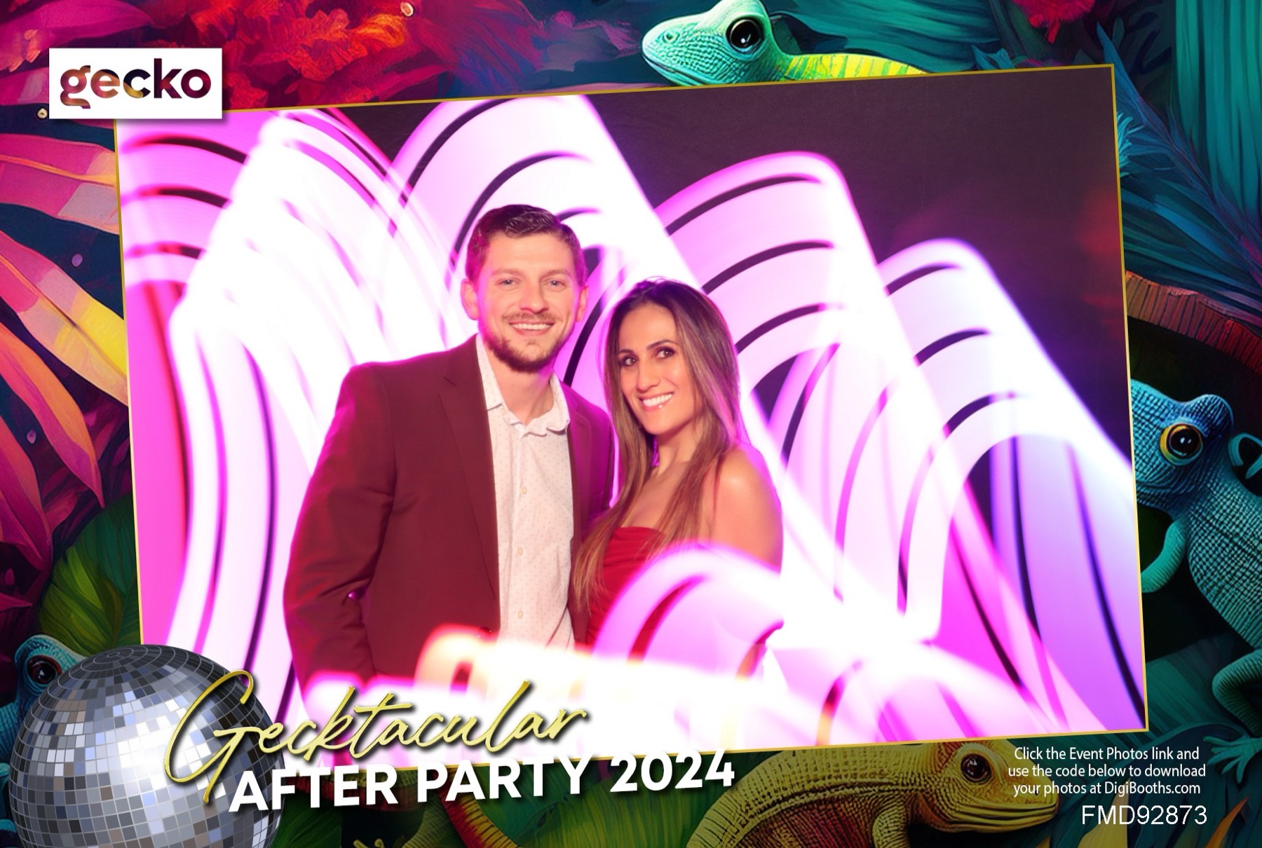Light-painting booth portrait — sweeping magenta light ribbons frame a couple on the custom event template