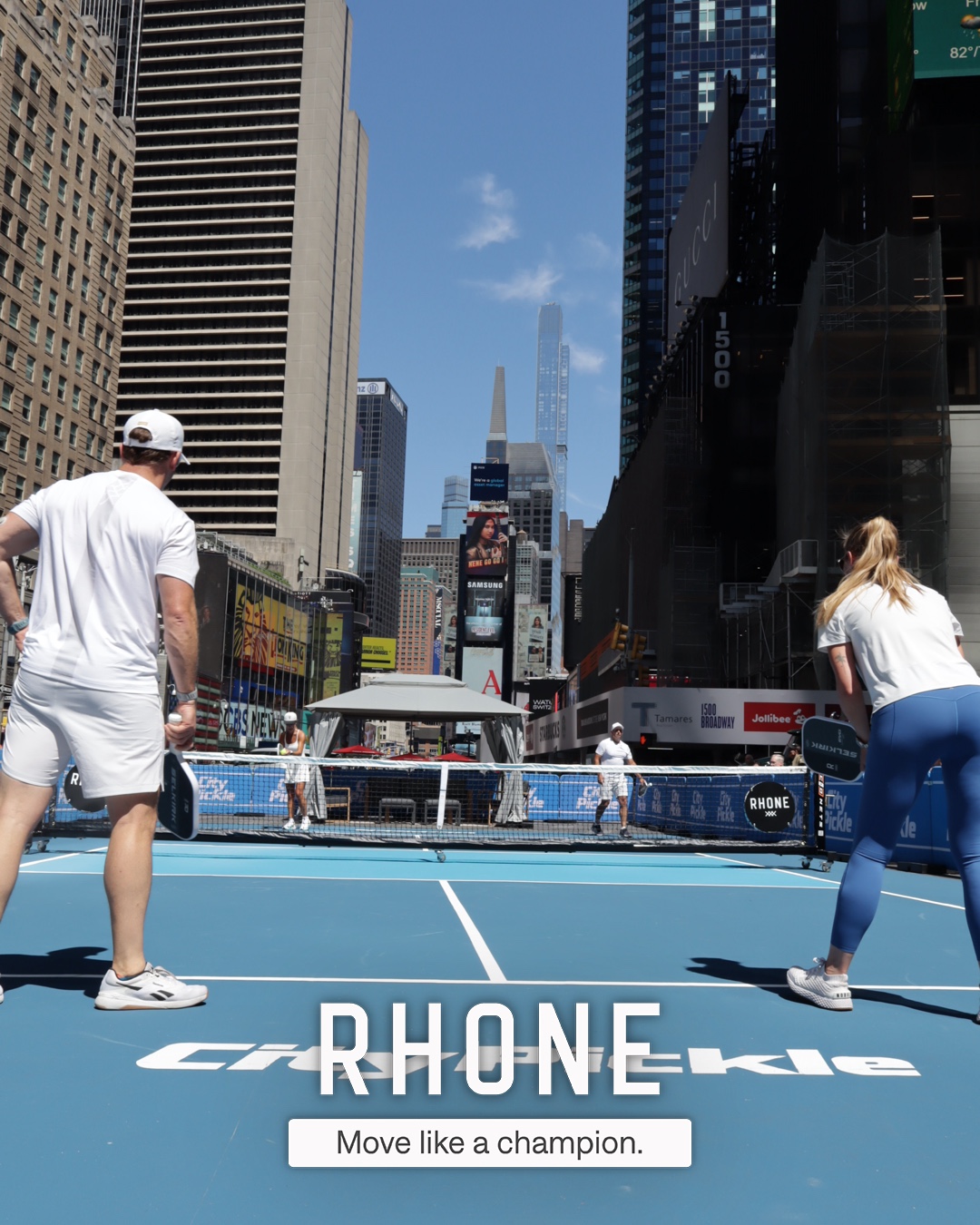 A group of guests at the Rhone CityPicklePalooza activation, branded photo overlay applied