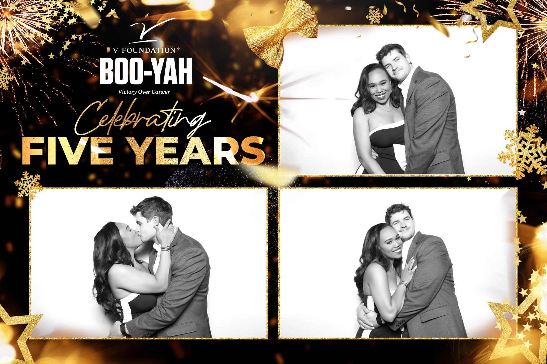 An editorial black-and-white portrait of a couple in formalwear at the V Foundation gala