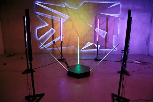 360-degree photo booth setup with LED lights