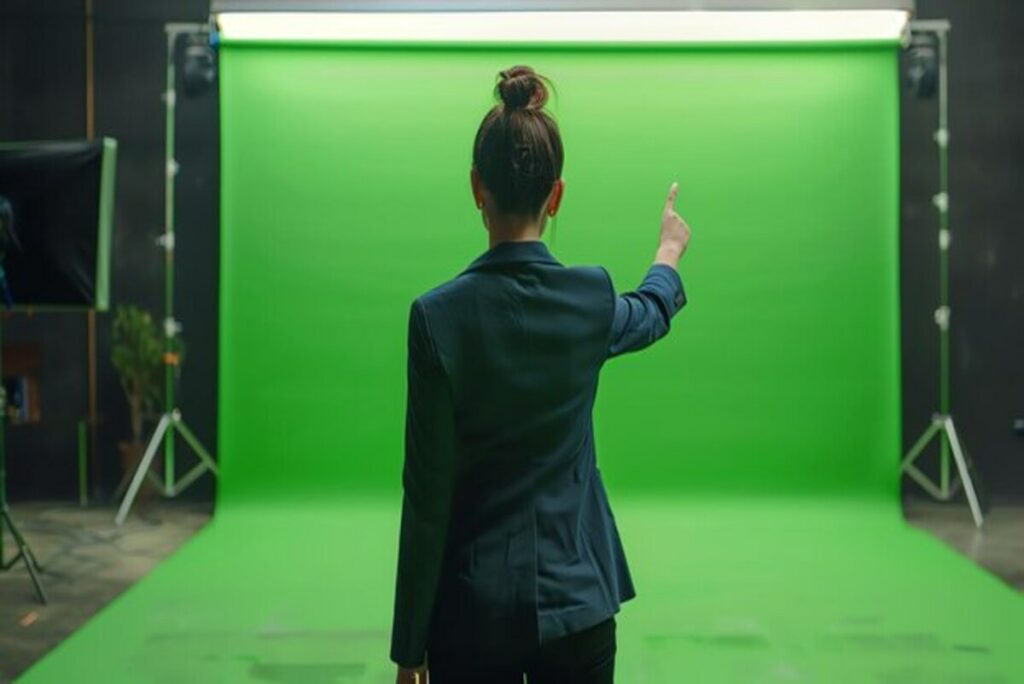 A woman setting up a green screen photo booth for the event