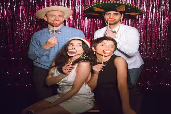 Friends posing in an enclosed photo booth