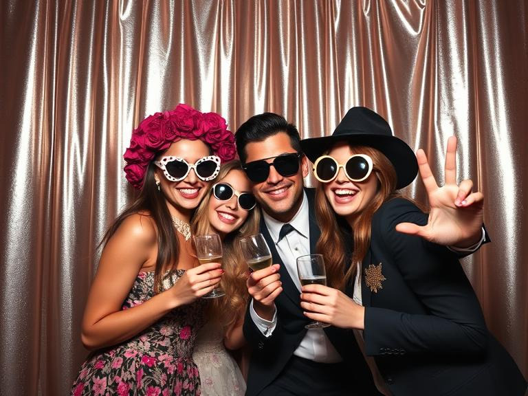 Friends enjoying the corporate event's photo booth