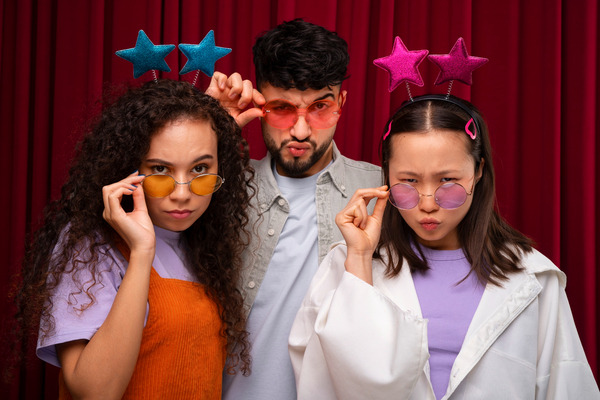 Three friends in fun glasses and star headbands posing.